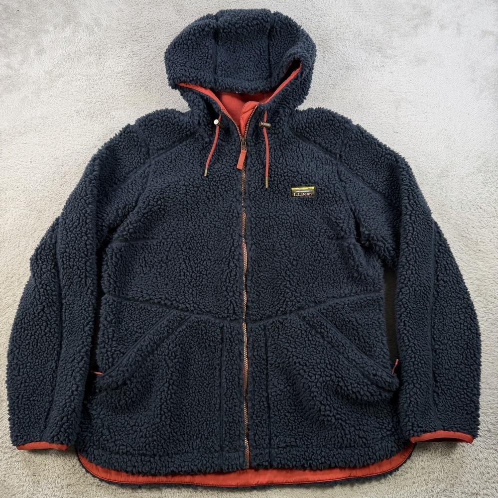 LL Bean Jacket Womens Large Navy Mountain Pile Sherpa Fleece Coat Hood Full Zip